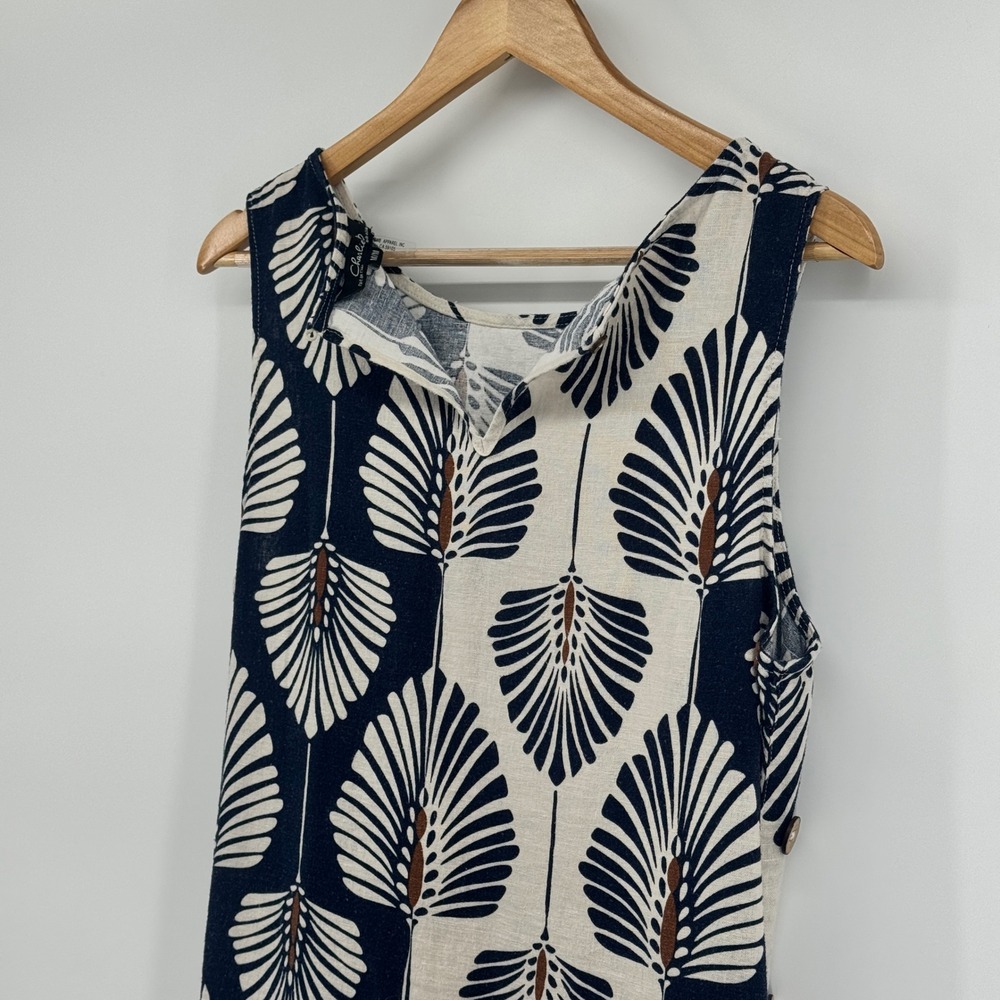 Charlie B Navy Cream Palm Fan Print Linen Blend Shift Dress Side Buttons‎ Medium - Picture 8 of 9